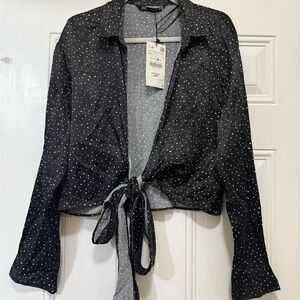 Zara Black and Silver Button Down Shirt with Bell Sleeves